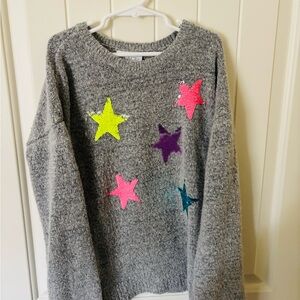 Gray Sequined Star Patterned Girls Sweater